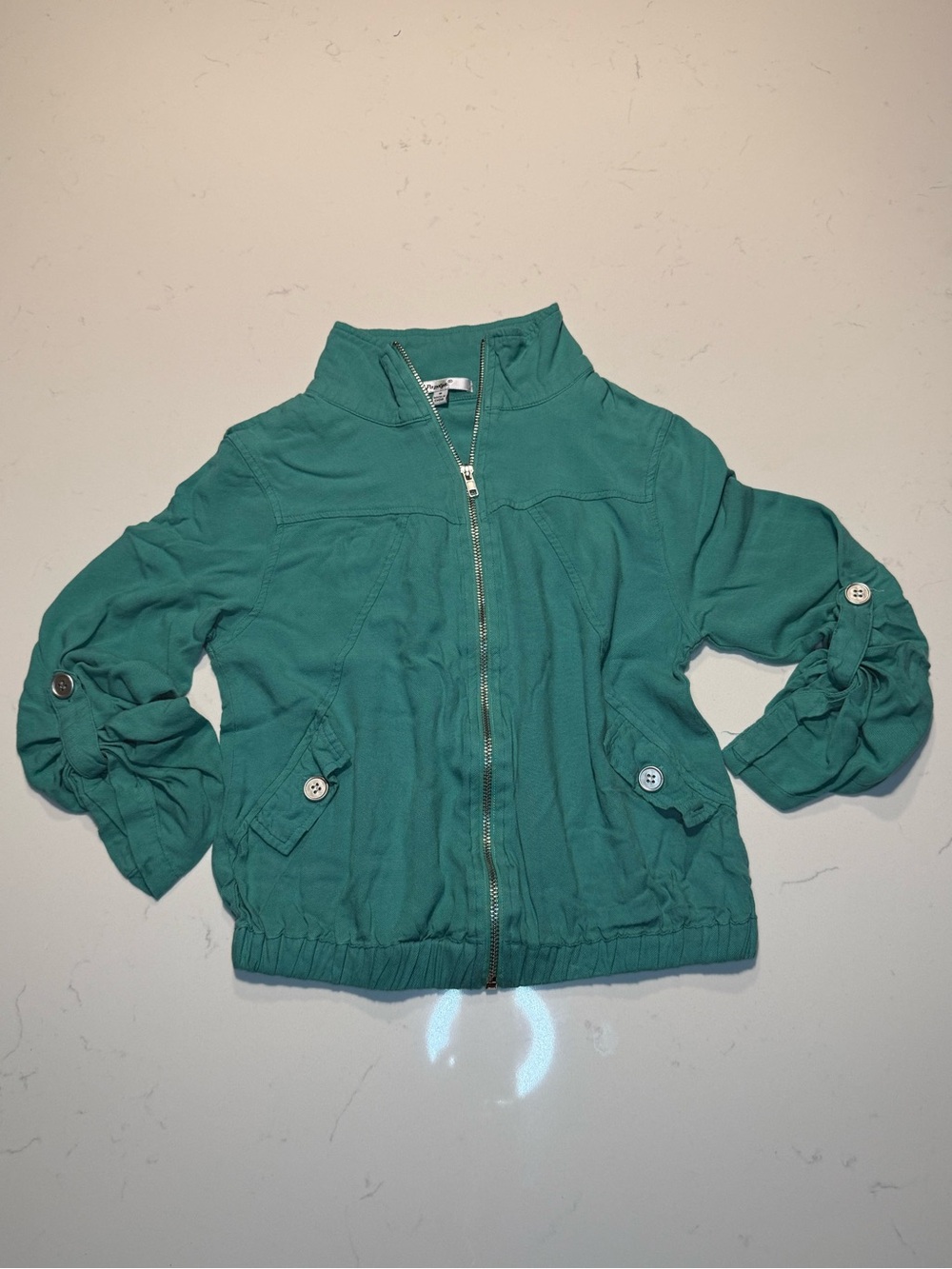 Woman’s Teal Zip-Front Jean Jacket with Button Sleeve Tabs